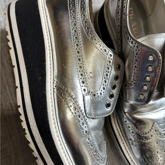 Prada Silver Sneakers with Platform Sole and Brogue Detailing