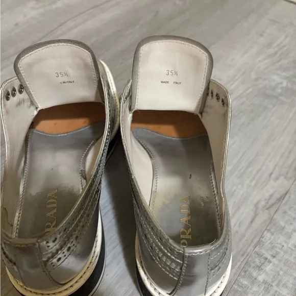 Prada Silver Sneakers with Platform Sole and Brogue Detailing