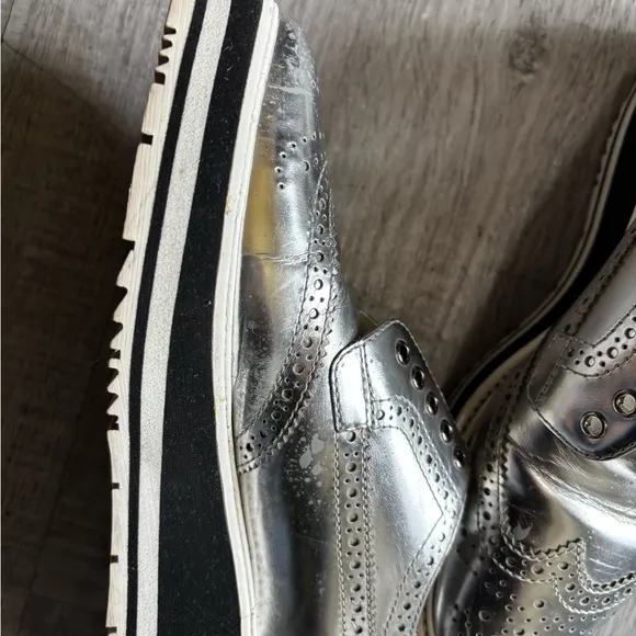 Prada Silver Sneakers with Platform Sole and Brogue Detailing