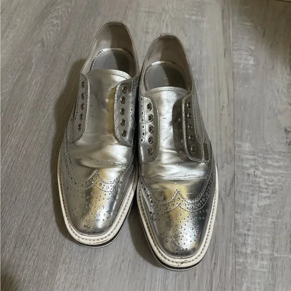 Prada Silver Sneakers with Platform Sole and Brogue Detailing