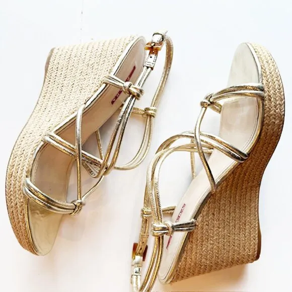 Prada Sport Gold Leather Platform Espadrille Wedge Sandals, Size 10.5