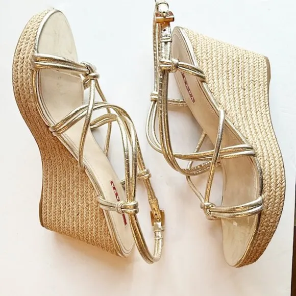 Prada Sport Gold Leather Platform Espadrille Wedge Sandals, Size 10.5