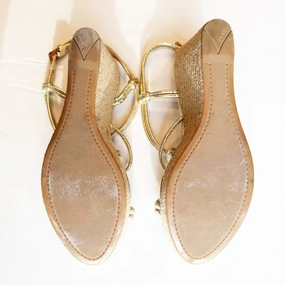 Prada Sport Gold Leather Platform Espadrille Wedge Sandals, Size 10.5