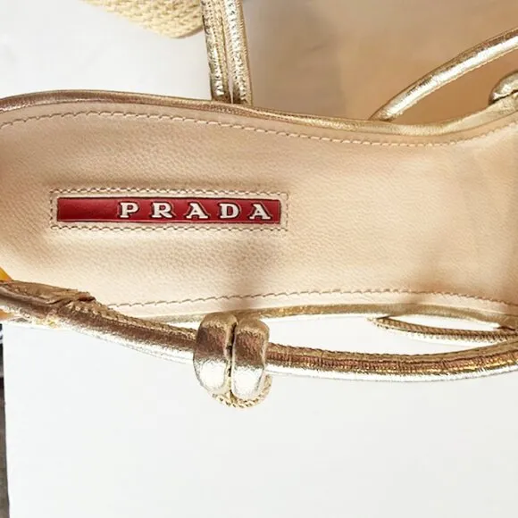 Prada Sport Gold Leather Platform Espadrille Wedge Sandals, Size 10.5