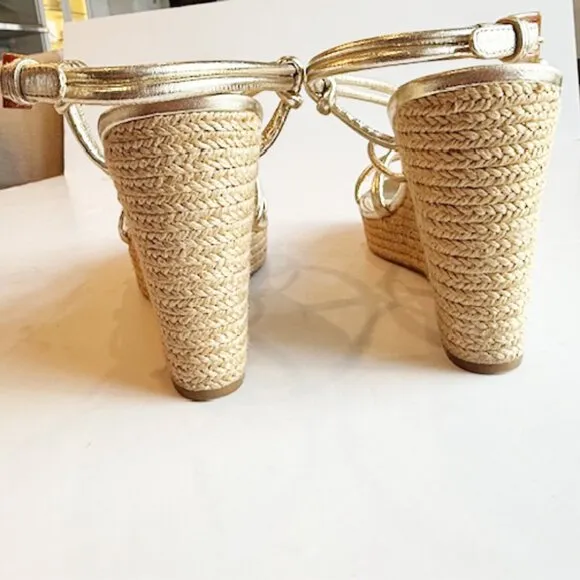 Prada Sport Gold Leather Platform Espadrille Wedge Sandals, Size 10.5