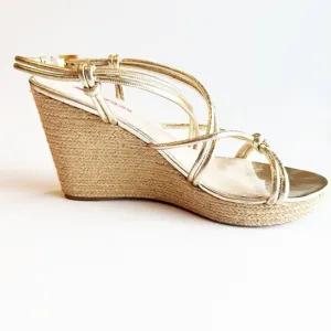 Prada Sport Gold Leather Platform Espadrille Wedge Sandals, Size 10.5