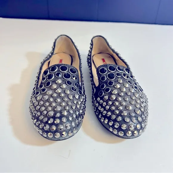Prada Studded and Jeweled Black Leather Loafers Size 36.5 or US 6.5
