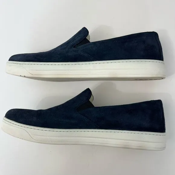 Prada Suede Loafers Slip-On Sneakers Navy Blue | Size: 41.5 Women's