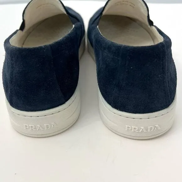 Prada Suede Loafers Slip-On Sneakers Navy Blue | Size: 41.5 Women's
