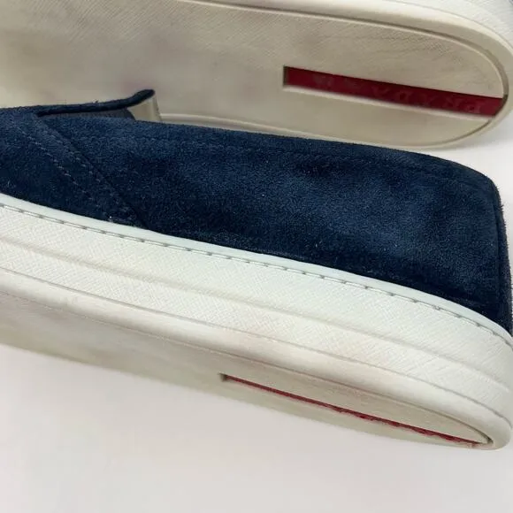Prada Suede Loafers Slip-On Sneakers Navy Blue | Size: 41.5 Women's