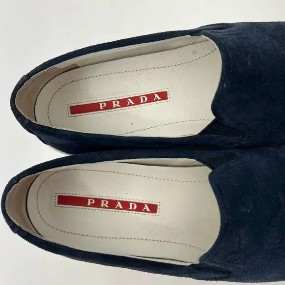 Prada Suede Loafers Slip-On Sneakers Navy Blue | Size: 41.5 Women's