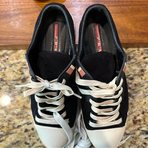 Prada US 8.5 Black Suede Cap Toe Sneakers