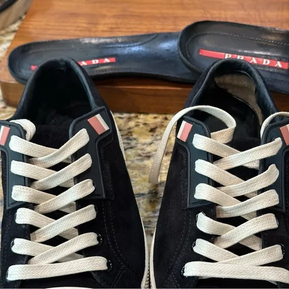 Prada US 8.5 Black Suede Cap Toe Sneakers
