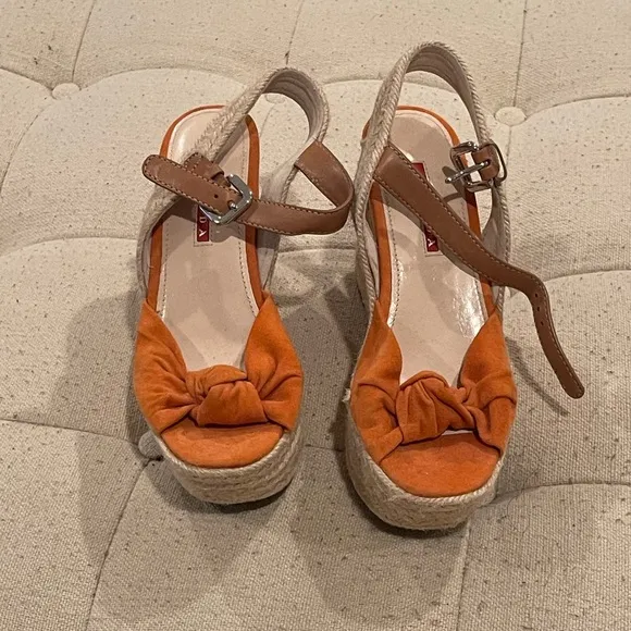Prada women’s orange suede wedge sandals with cork wedge