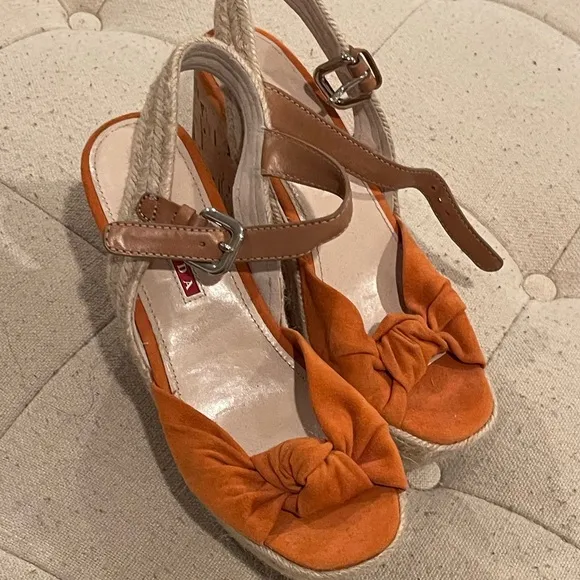 Prada women’s orange suede wedge sandals with cork wedge