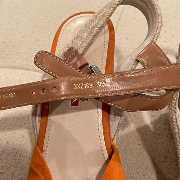Prada women’s orange suede wedge sandals with cork wedge