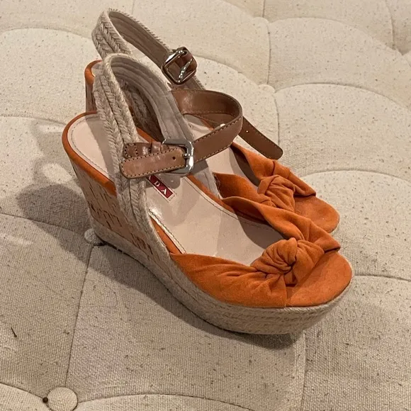 Prada women’s orange suede wedge sandals with cork wedge