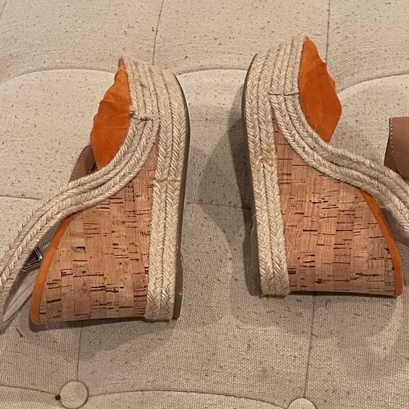 Prada women’s orange suede wedge sandals with cork wedge