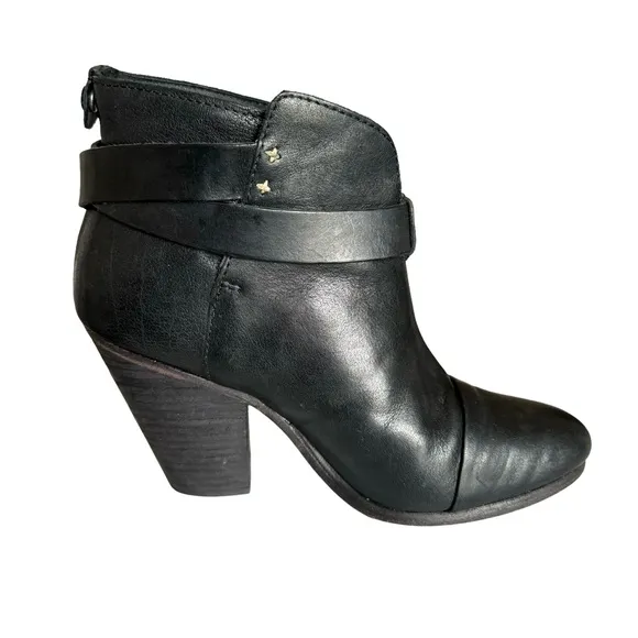 Rag &amp; Bone Harrow Black Leather Heeled Ankle Boots Booties Women’s Size 38