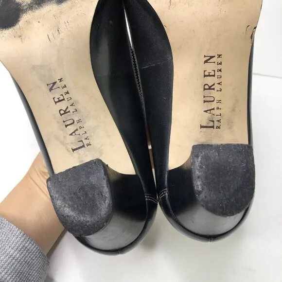 Ralph Lauren Black Leather Shoes Size 9 B Heeled Loafers Block Heels Bow Slip On