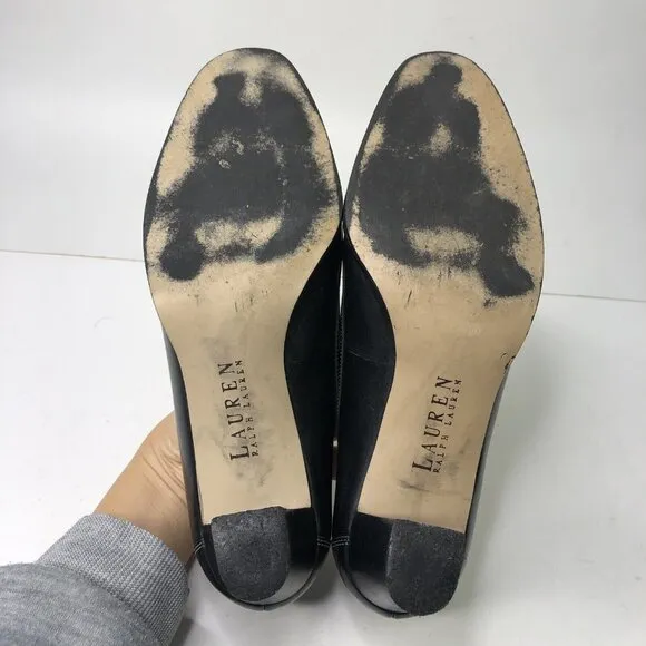 Ralph Lauren Black Leather Shoes Size 9 B Heeled Loafers Block Heels Bow Slip On