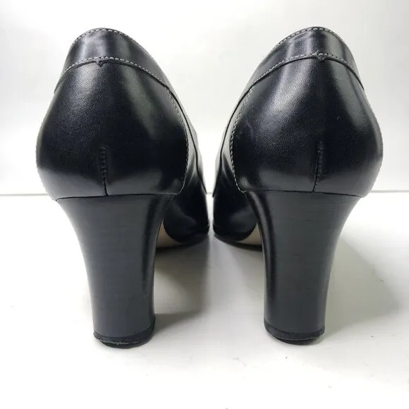 Ralph Lauren Black Leather Shoes Size 9 B Heeled Loafers Block Heels Bow Slip On