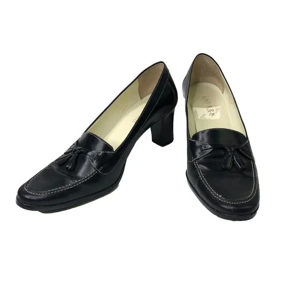 Ralph Lauren Black Leather Shoes Size 9 B Heeled Loafers Block Heels Bow Slip On