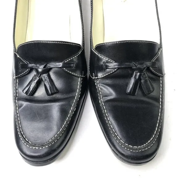 Ralph Lauren Black Leather Shoes Size 9 B Heeled Loafers Block Heels Bow Slip On