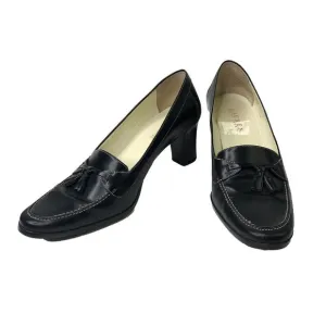 Ralph Lauren Black Leather Shoes Size 9 B Heeled Loafers Block Heels Bow Slip On