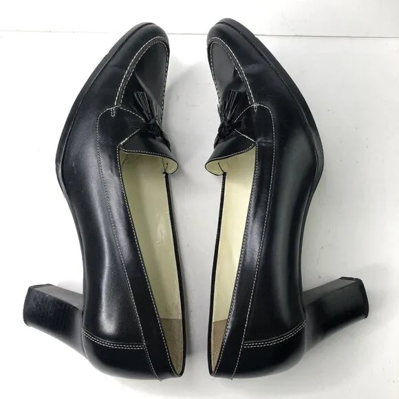 Ralph Lauren Black Leather Shoes Size 9 B Heeled Loafers Block Heels Bow Slip On