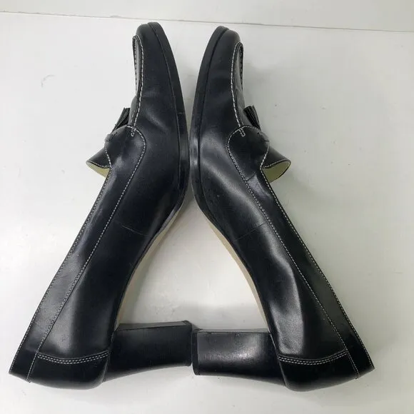 Ralph Lauren Black Leather Shoes Size 9 B Heeled Loafers Block Heels Bow Slip On