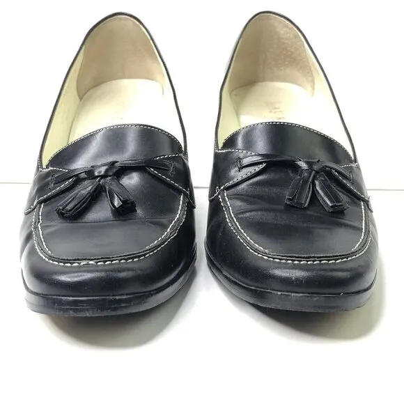 Ralph Lauren Black Leather Shoes Size 9 B Heeled Loafers Block Heels Bow Slip On