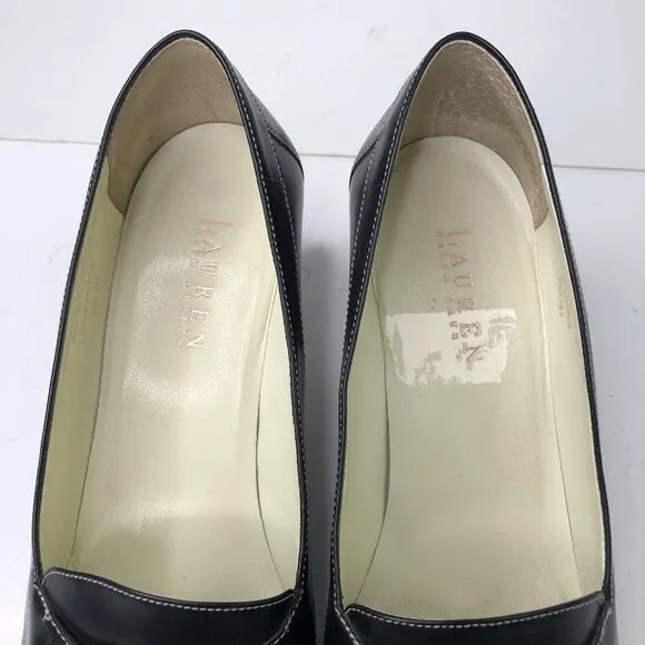 Ralph Lauren Black Leather Shoes Size 9 B Heeled Loafers Block Heels Bow Slip On
