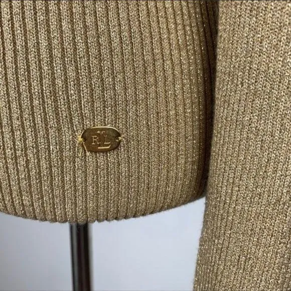 Ralph Lauren Sweater Shimmery Metallic Knit Turtleneck Dressy Neutral Gold Beige