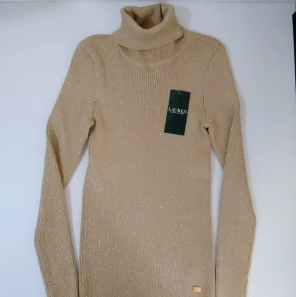 Ralph Lauren Sweater Shimmery Metallic Knit Turtleneck Dressy Neutral Gold Beige