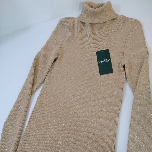 Ralph Lauren Sweater Shimmery Metallic Knit Turtleneck Dressy Neutral Gold Beige