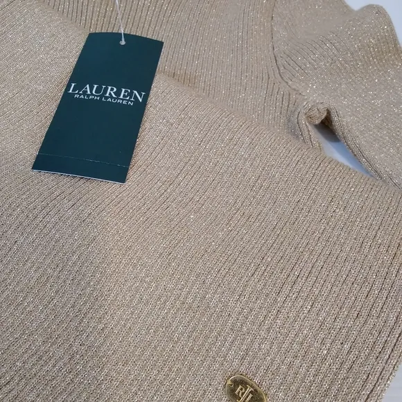 Ralph Lauren Sweater Shimmery Metallic Knit Turtleneck Dressy Neutral Gold Beige