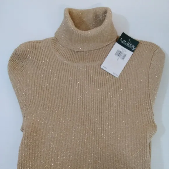 Ralph Lauren Sweater Shimmery Metallic Knit Turtleneck Dressy Neutral Gold Beige