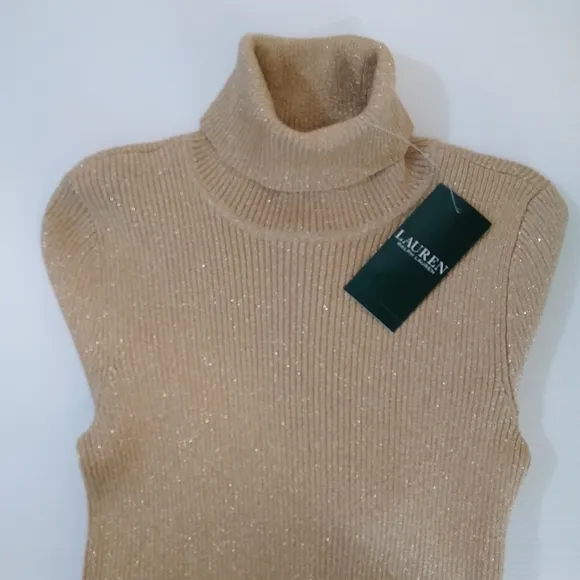 Ralph Lauren Sweater Shimmery Metallic Knit Turtleneck Dressy Neutral Gold Beige