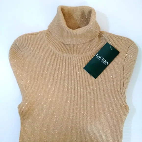 Ralph Lauren Sweater Shimmery Metallic Knit Turtleneck Dressy Neutral Gold Beige