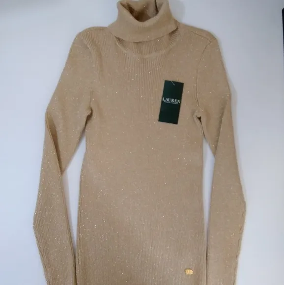 Ralph Lauren Sweater Shimmery Metallic Knit Turtleneck Dressy Neutral Gold Beige