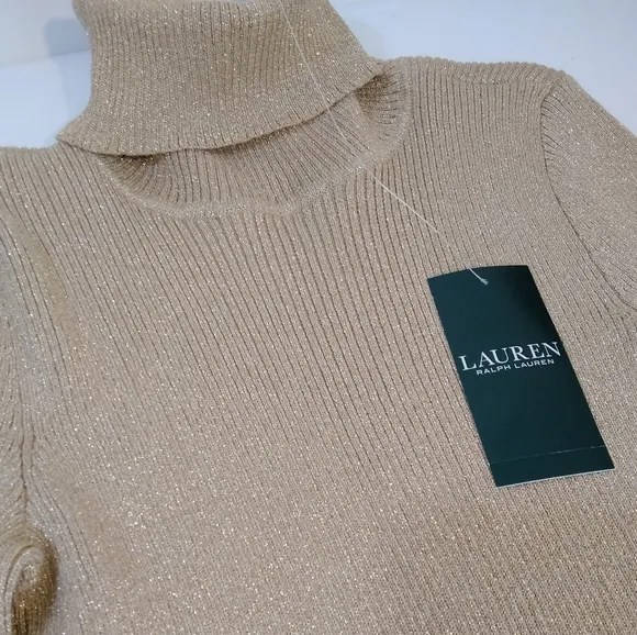 Ralph Lauren Sweater Shimmery Metallic Knit Turtleneck Dressy Neutral Gold Beige