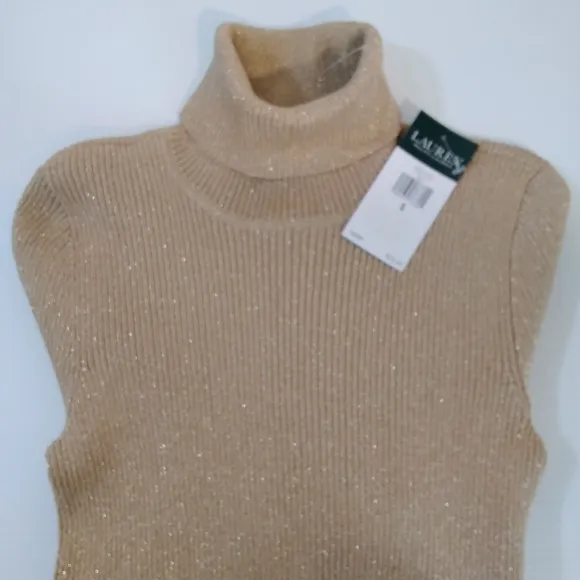 Ralph Lauren Sweater Shimmery Metallic Knit Turtleneck Dressy Neutral Gold Beige