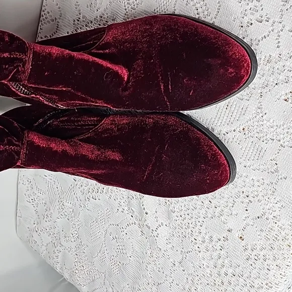 RARE Sol Sana burgundy velvet thigh high pull on holiday heeled boots sz 8