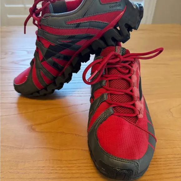 Reebok Red and Black Sneakers with Breathable Mesh and Zigzag Sole