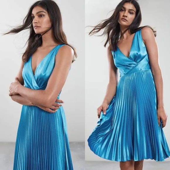 Reiss Alicia Satin Pleated Midi Dress Blue Sz 8 Crossover V-Neck Plunge Neckline