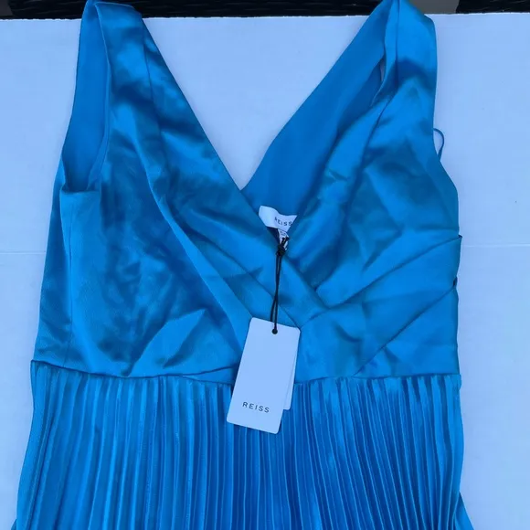 Reiss Alicia Satin Pleated Midi Dress Blue Sz 8 Crossover V-Neck Plunge Neckline