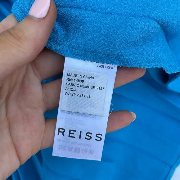 Reiss Alicia Satin Pleated Midi Dress Blue Sz 8 Crossover V-Neck Plunge Neckline