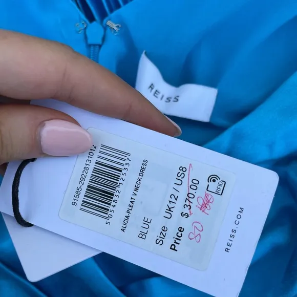 Reiss Alicia Satin Pleated Midi Dress Blue Sz 8 Crossover V-Neck Plunge Neckline