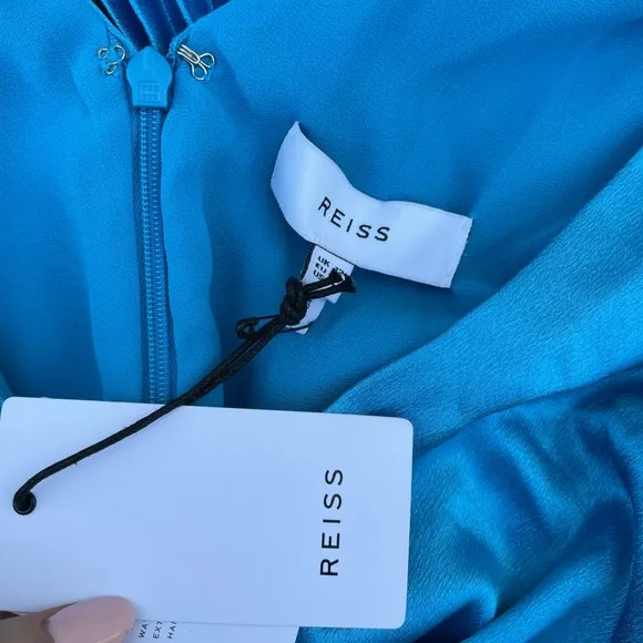 Reiss Alicia Satin Pleated Midi Dress Blue Sz 8 Crossover V-Neck Plunge Neckline